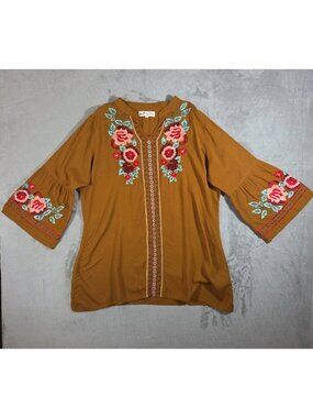 Angel Heart Boutique Brown Tunic Large Floral Embroidered Bell Sleeve